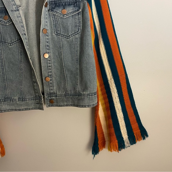 Altar'd State Sunrise State Crochet Sleeves Denim Jacket Size Small - Picture 4 of 4